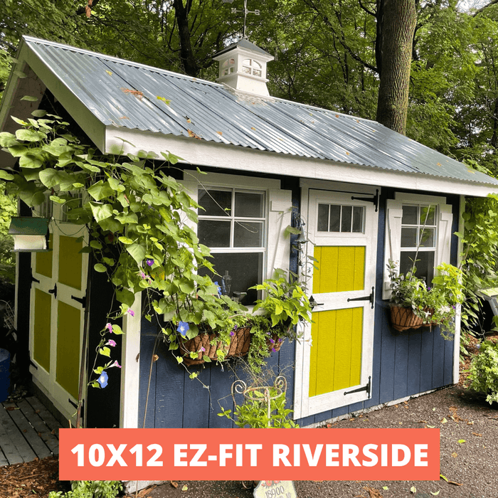 10x12 Riverside Shed Kit green double doors plants