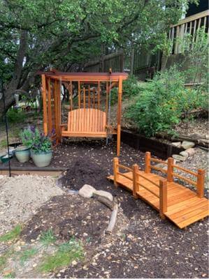 Cedar-Pergola-Swing-All-Things-Cedar-PO72-S-in-garden-with-bridge