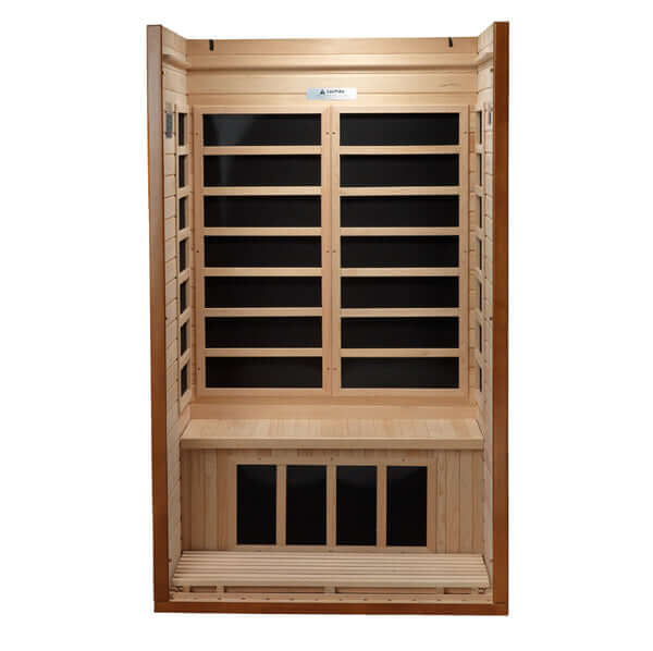 Golden Designs Dynamic Barcelona 1-2-person Infrared Sauna with Low EMF in Canadian Hemlock - Inside View