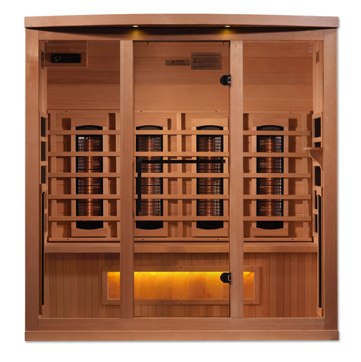 Golden Designs 4-person Full Spectrum Infrared Sauna with Near Zero EMF with Himalayan Salt Bar in Canadian Hemlock - Front View