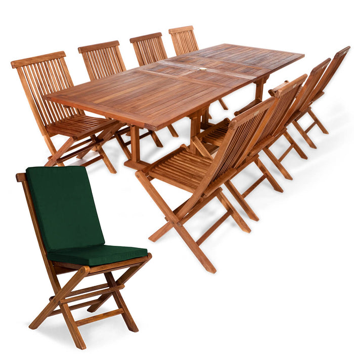 9-Piece Twin Butterfly Leaf Teak Extension Table Folding Chair Set - Full View Green