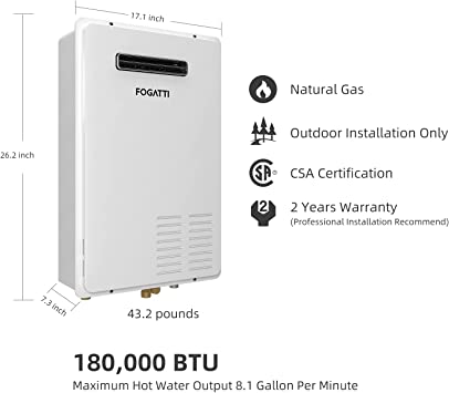 FOGATTI Tankless Water Heater 180,000 BTU Outdoor Water Heater