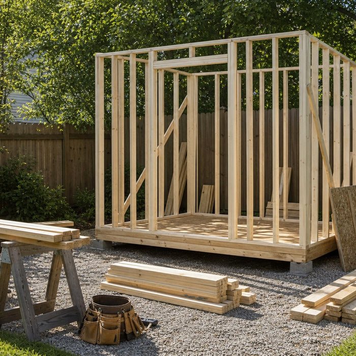 Partially assembled shed frame with organized lumber and tools