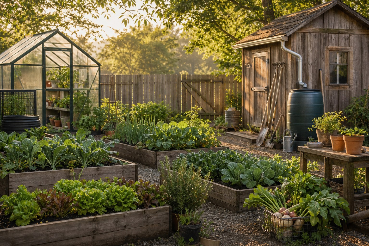 Backyard homestead with raised garden beds, greenhouse, and storage shed