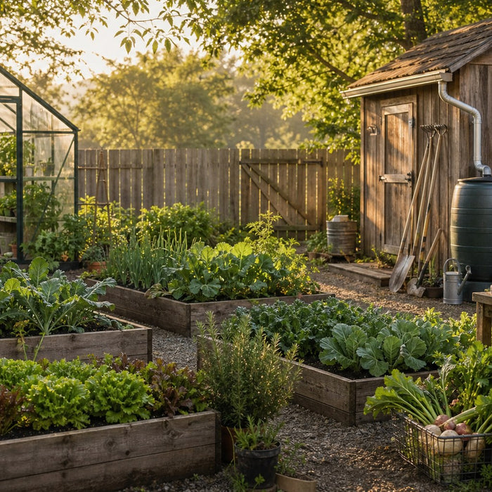 Backyard homestead with raised garden beds, greenhouse, and storage shed