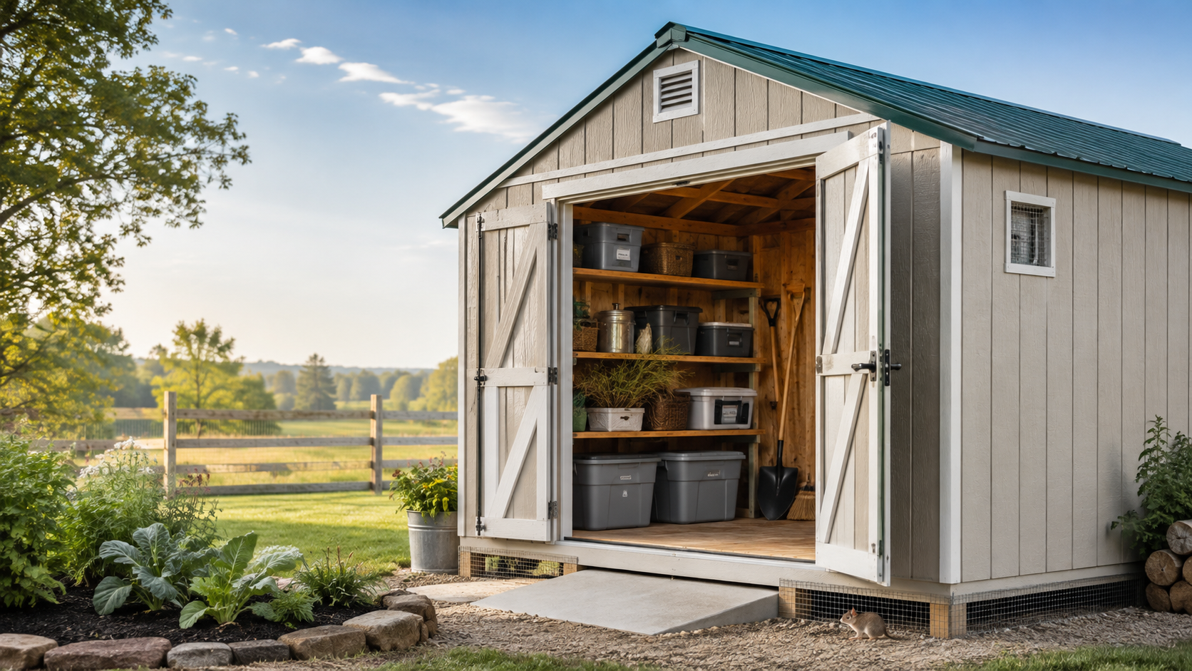 Organized homestead storage shed with open doors, sealed storage bins, and pest-prevention details in a backyard garden setting.
