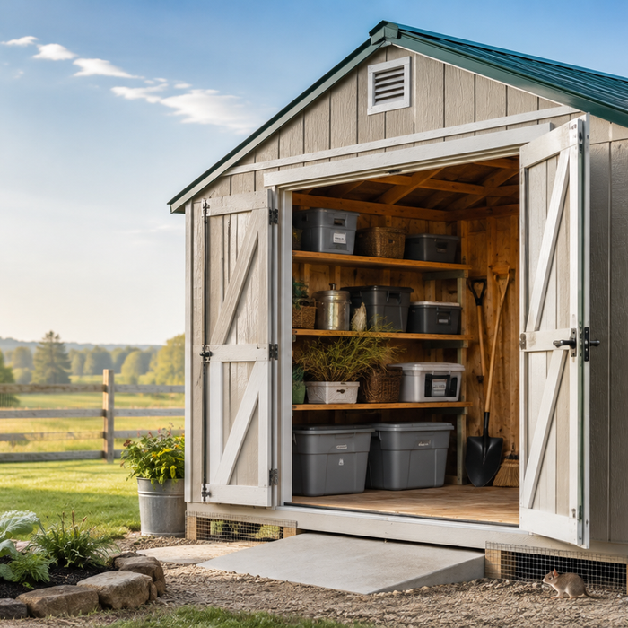 Organized homestead storage shed with open doors, sealed storage bins, and pest-prevention details in a backyard garden setting.
