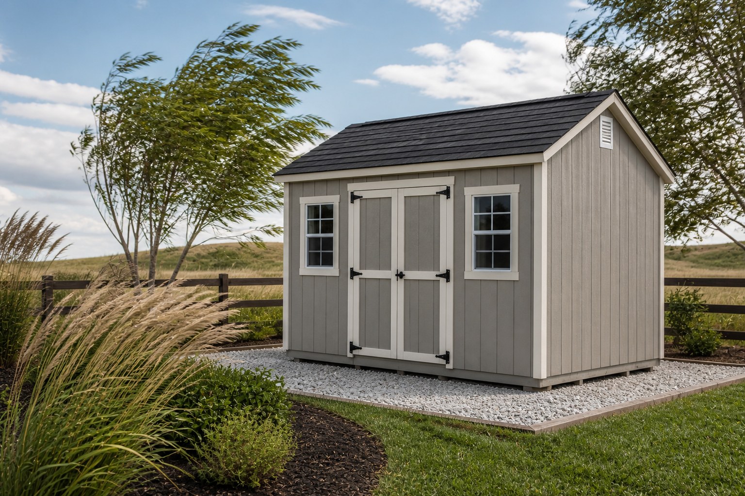 Sturdy backyard shed on a gravel base in a windy yard