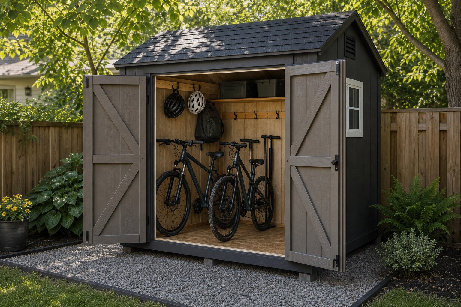 Backyard bike storage shed with bicycles organized inside