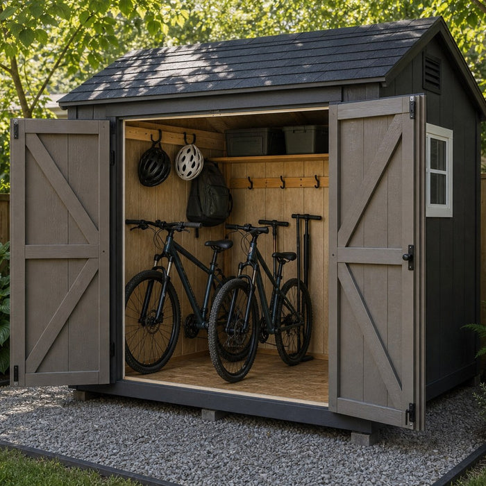 Backyard bike storage shed with bicycles organized inside