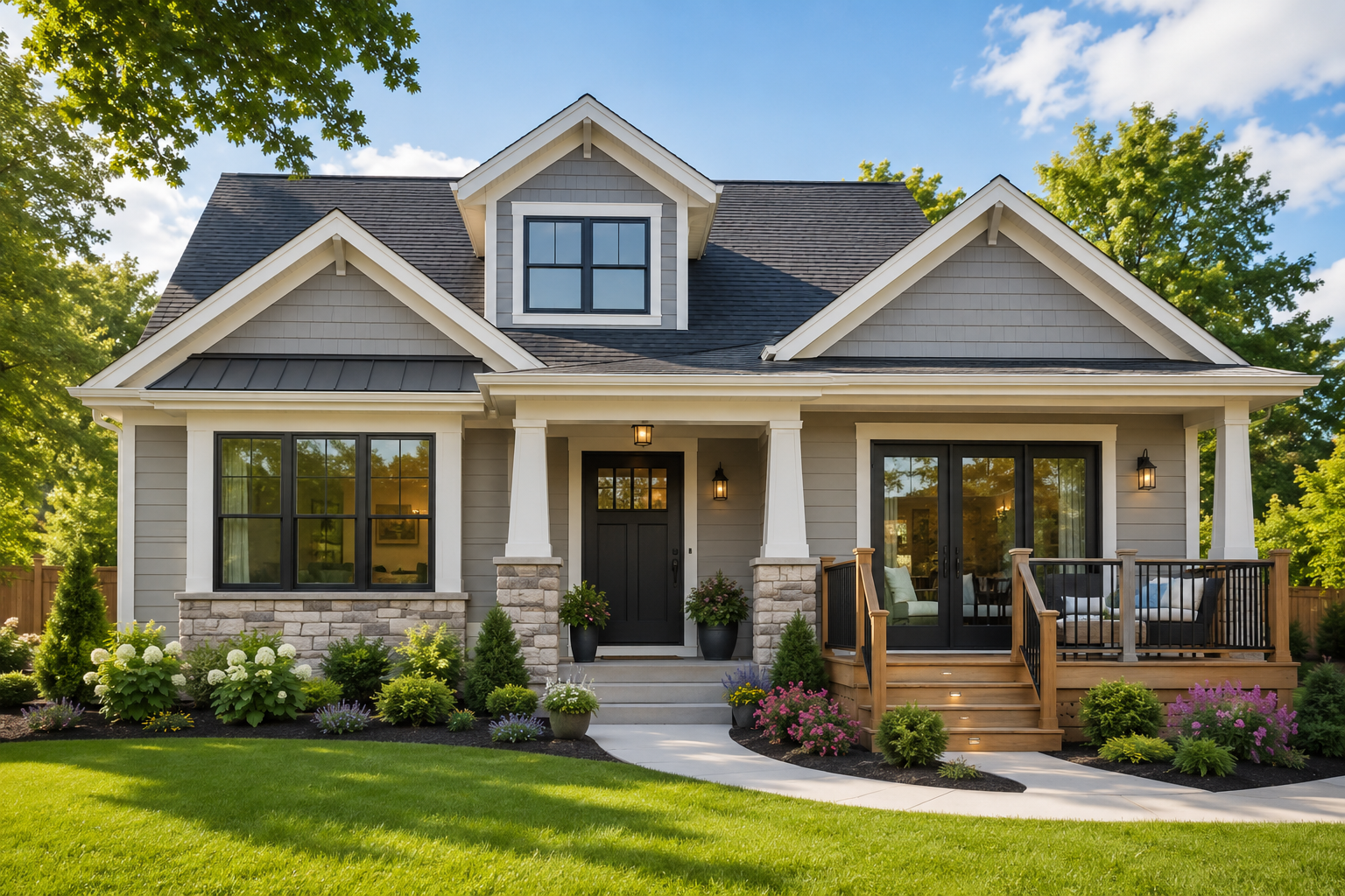 Updated home exterior with landscaping, new windows, entryway, and deck