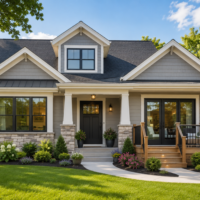 Updated home exterior with landscaping, new windows, entryway, and deck