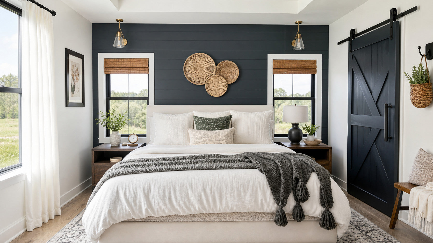 Farmhouse bedroom with white bedding, dark accent wall, woven wall decor, and black barn door