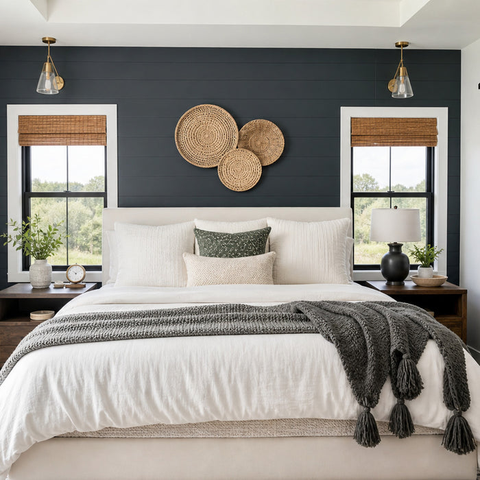 Farmhouse bedroom with white bedding, dark accent wall, woven wall decor, and black barn door
