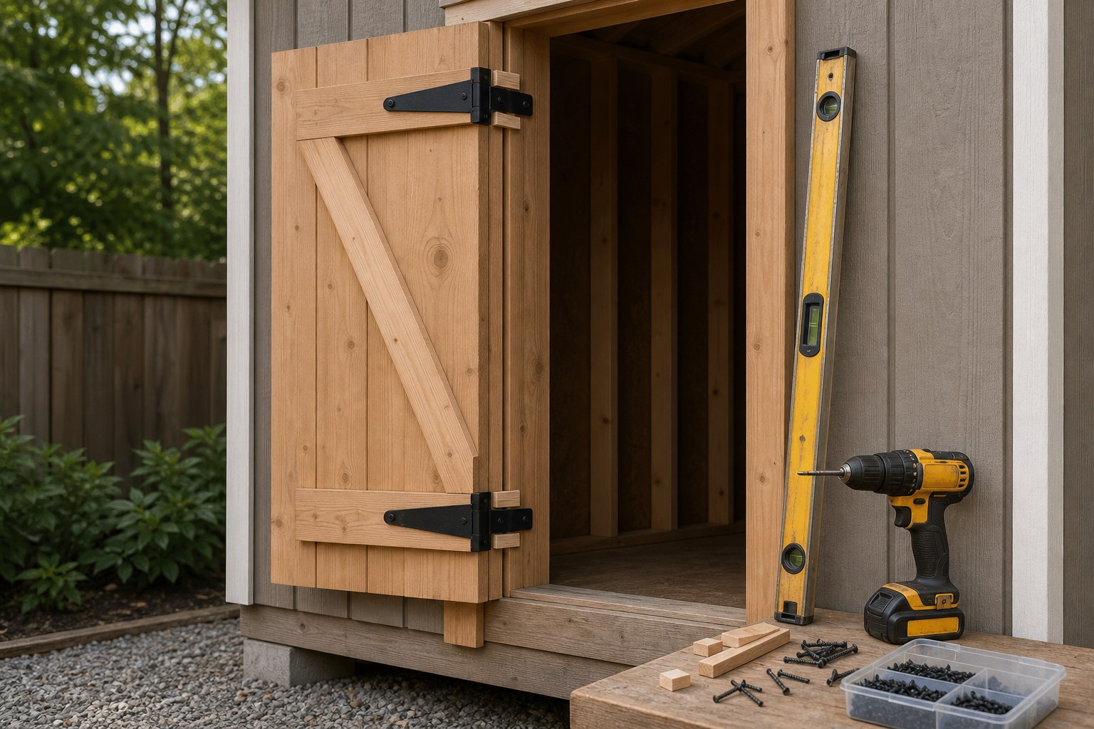 Shed door aligned on strap hinges with tools nearby