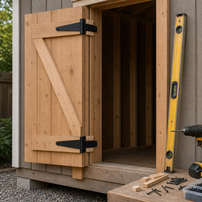 Shed door aligned on strap hinges with tools nearby