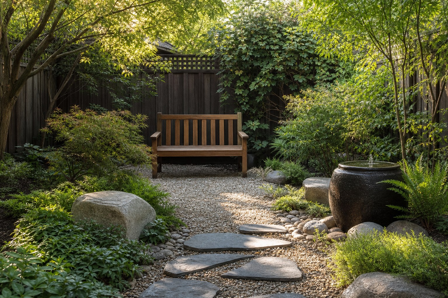 Backyard meditation garden with a wooden bench, gravel path, and layered plants