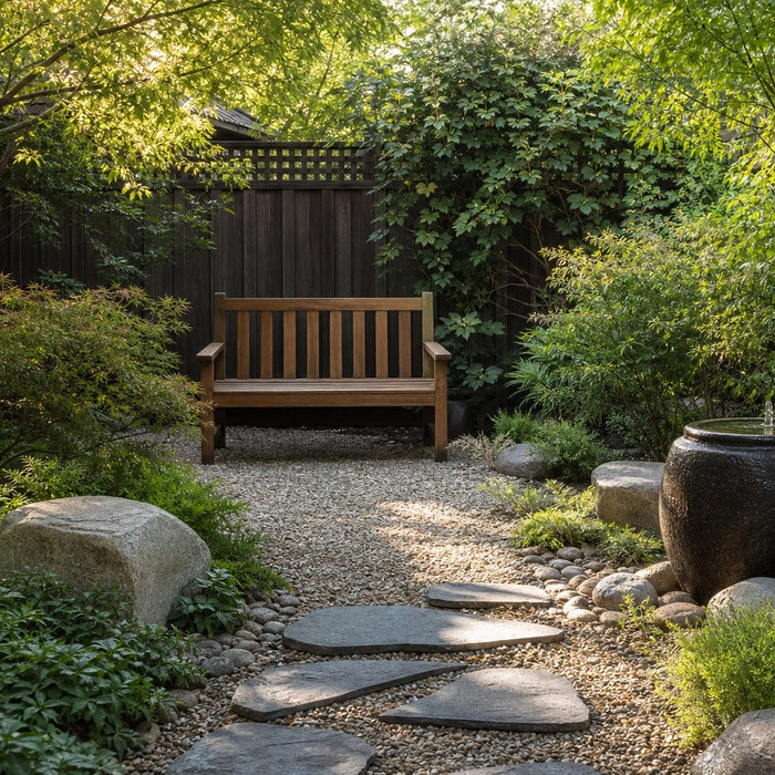 Backyard meditation garden with a wooden bench, gravel path, and layered plants