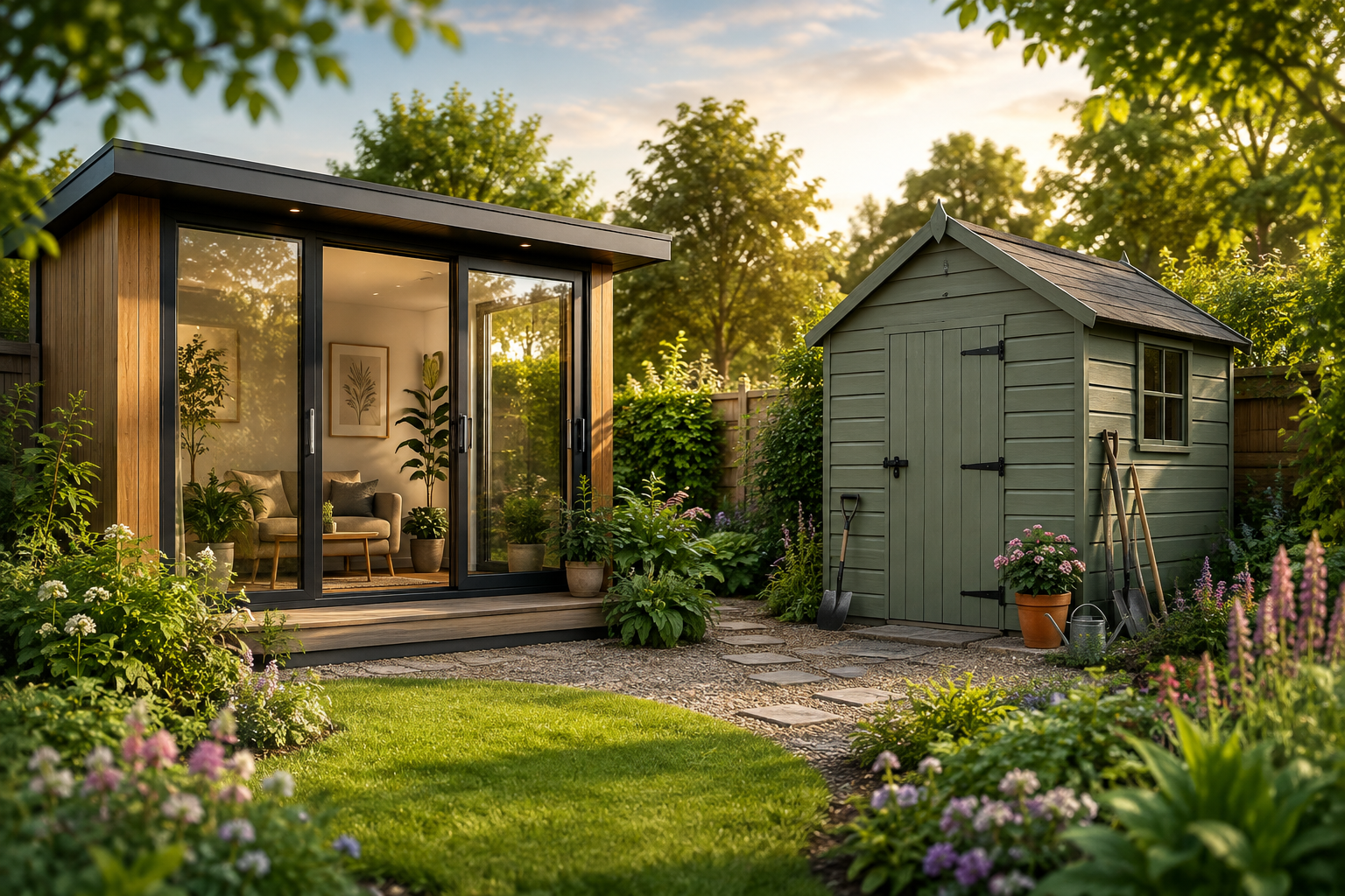 Modern garden room beside a traditional backyard shed in a landscaped garden