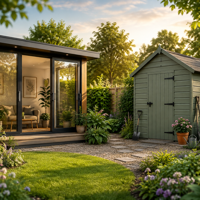 Modern garden room beside a traditional backyard shed in a landscaped garden