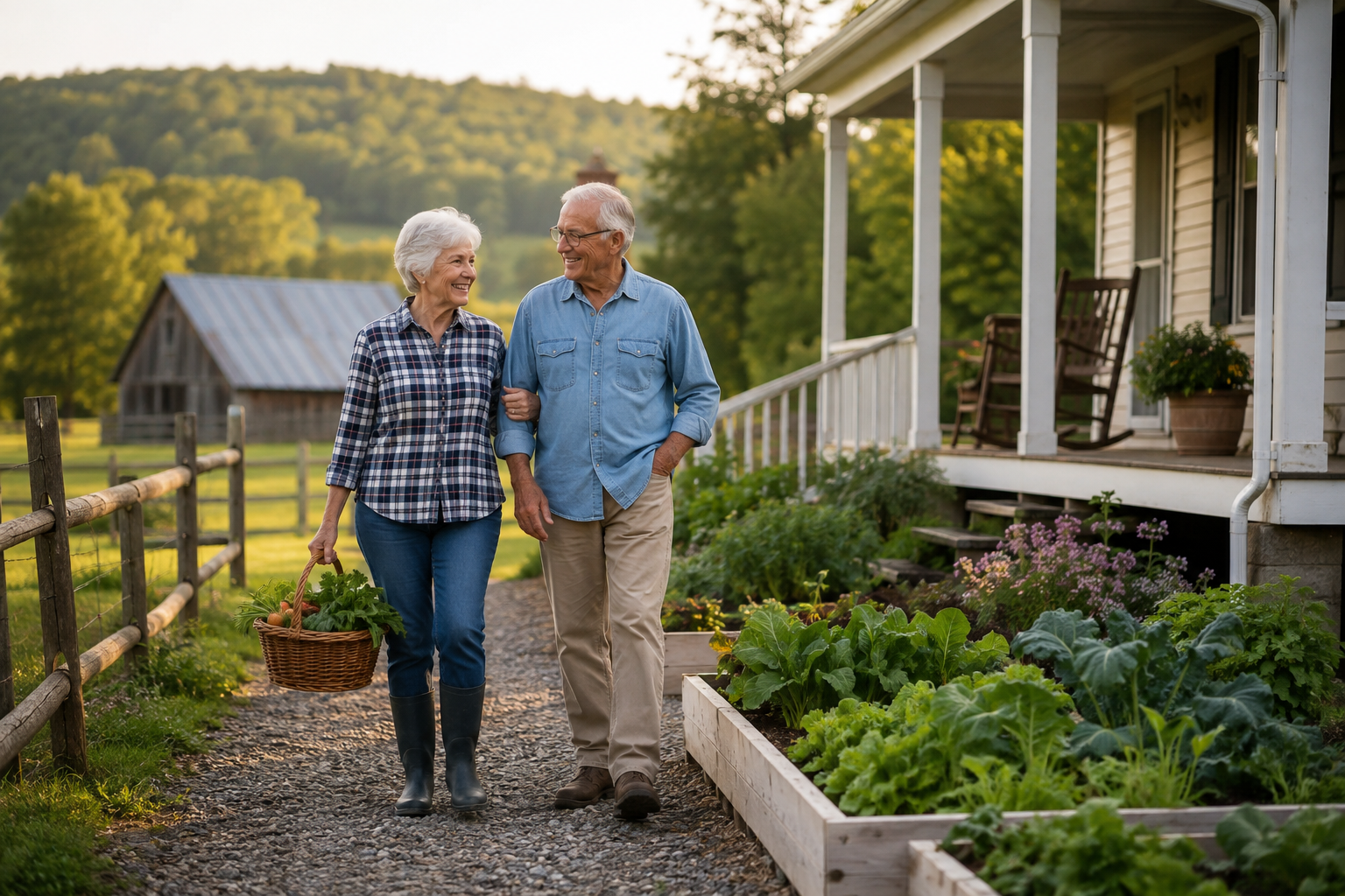 Older couple walking beside raised garden beds on a peaceful rural homestead