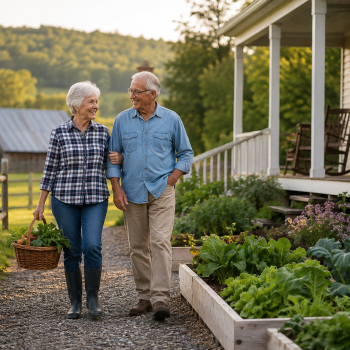 Older couple walking beside raised garden beds on a peaceful rural homestead