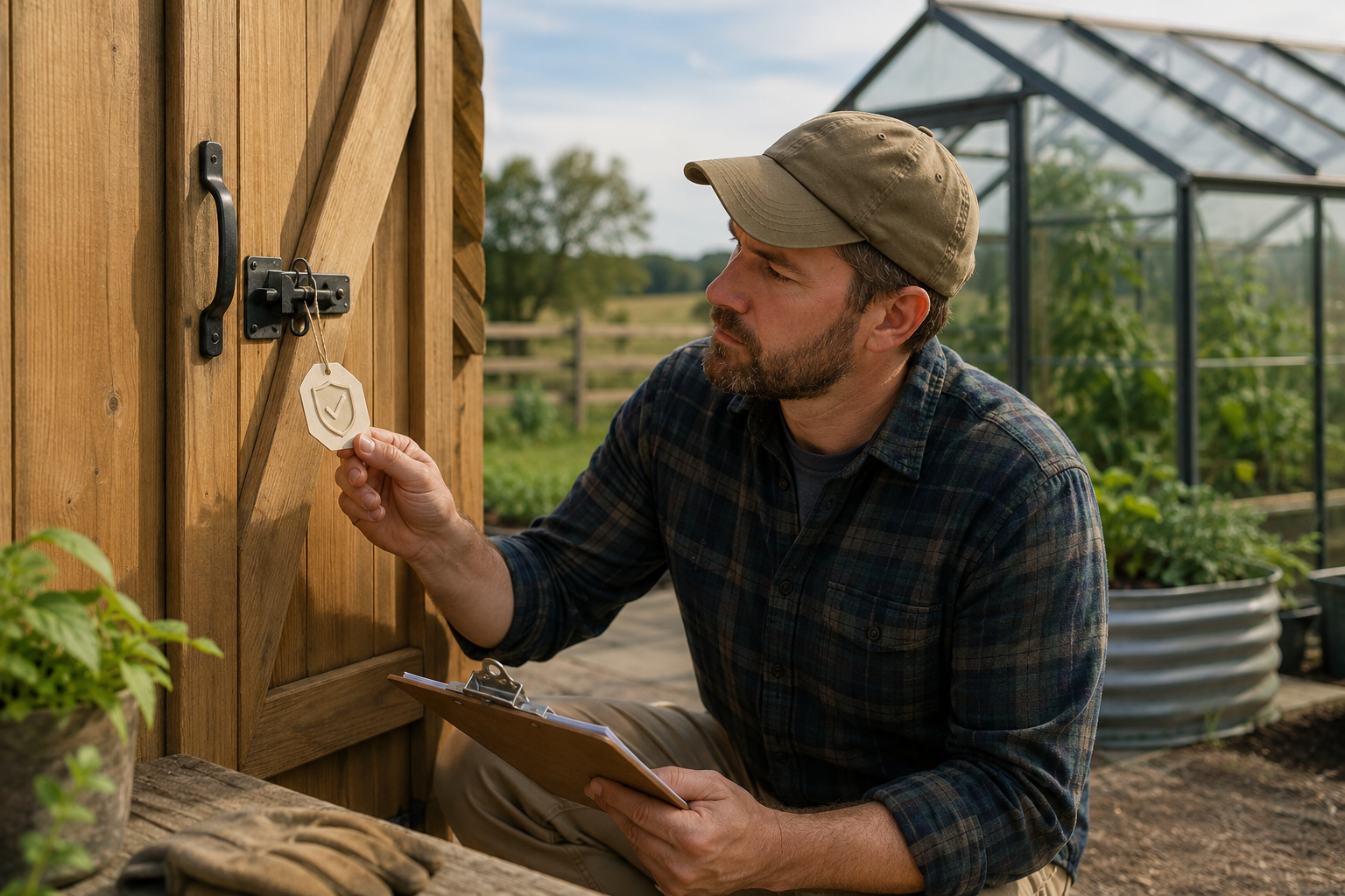 Man inspecting a certification tag on a wooden shed beside a greenhouse on a rural homestead.