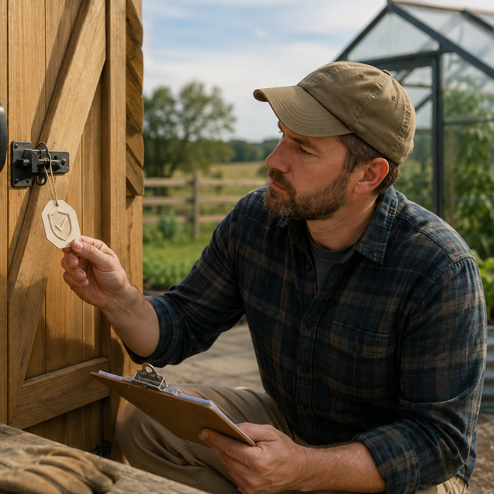 Man inspecting a certification tag on a wooden shed beside a greenhouse on a rural homestead.