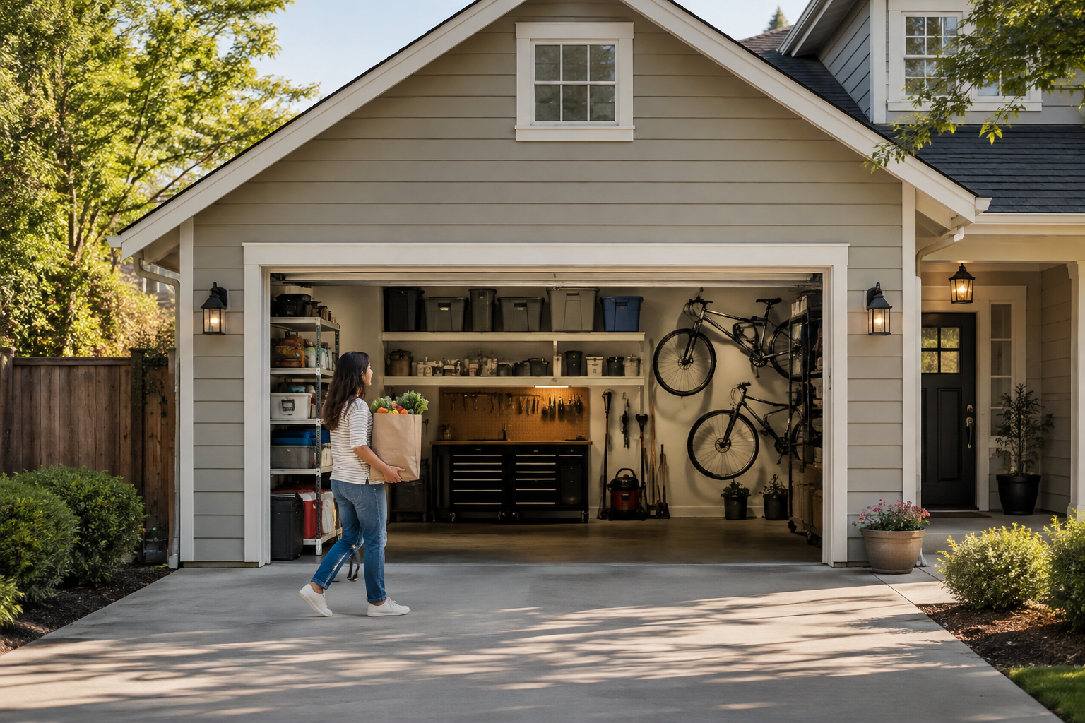 Open residential garage used for storage, tools, bicycles, and everyday household access