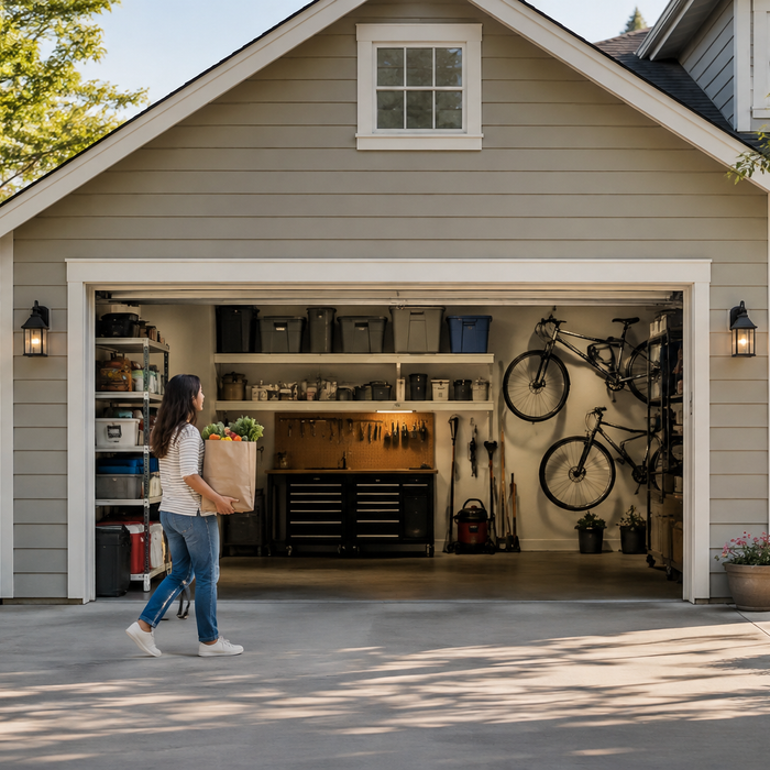 Open residential garage used for storage, tools, bicycles, and everyday household access