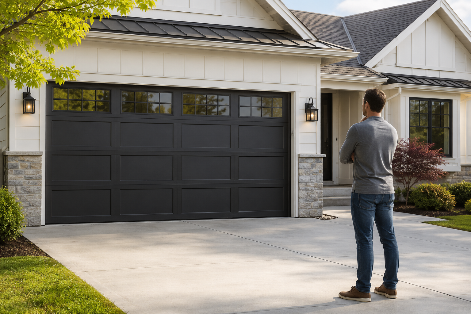 Homeowner evaluating a modern garage door on a well-maintained suburban home