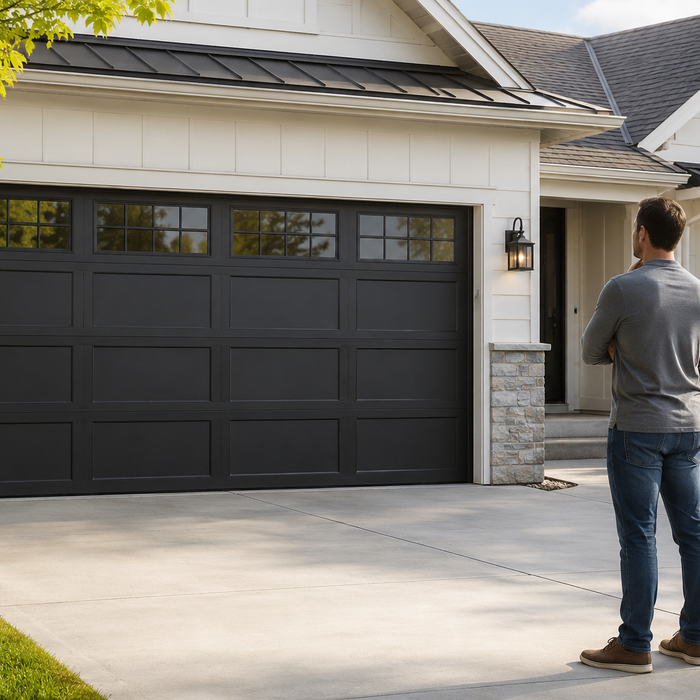 Homeowner evaluating a modern garage door on a well-maintained suburban home
