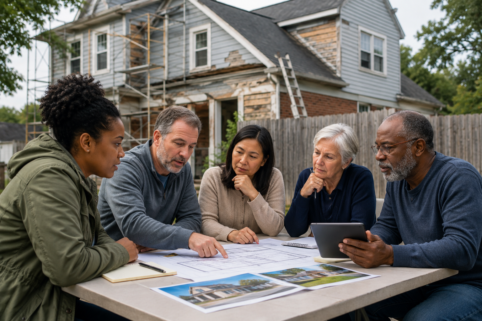 Community members planning major property repairs outside a home under renovation