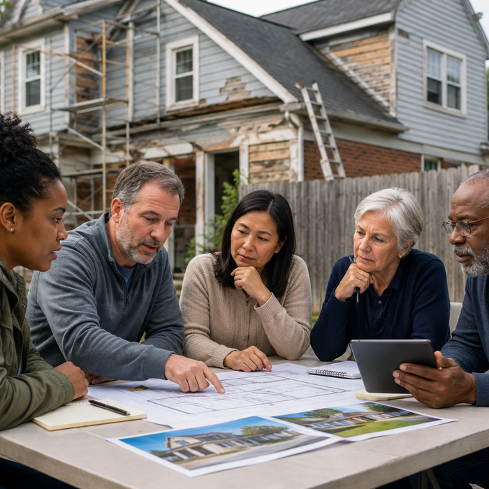 Community members planning major property repairs outside a home under renovation