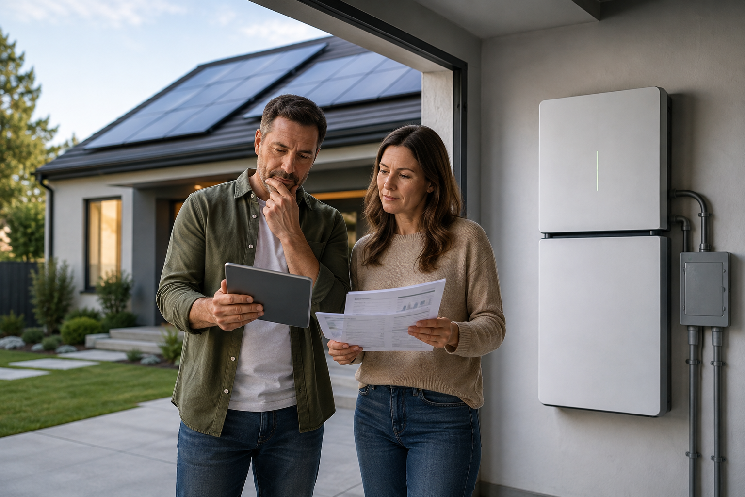 Homeowners reviewing costs beside a residential battery storage system and solar panels