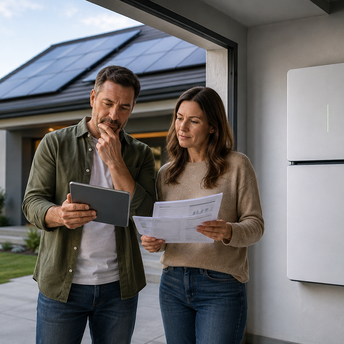 Homeowners reviewing costs beside a residential battery storage system and solar panels