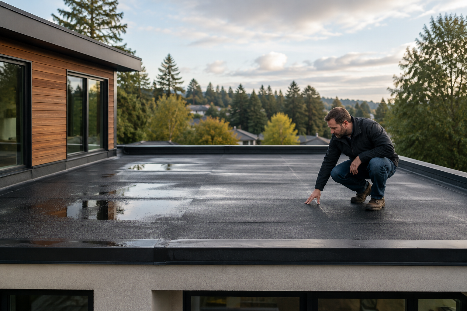 Homeowner inspecting standing water and surface wear on a residential flat roof