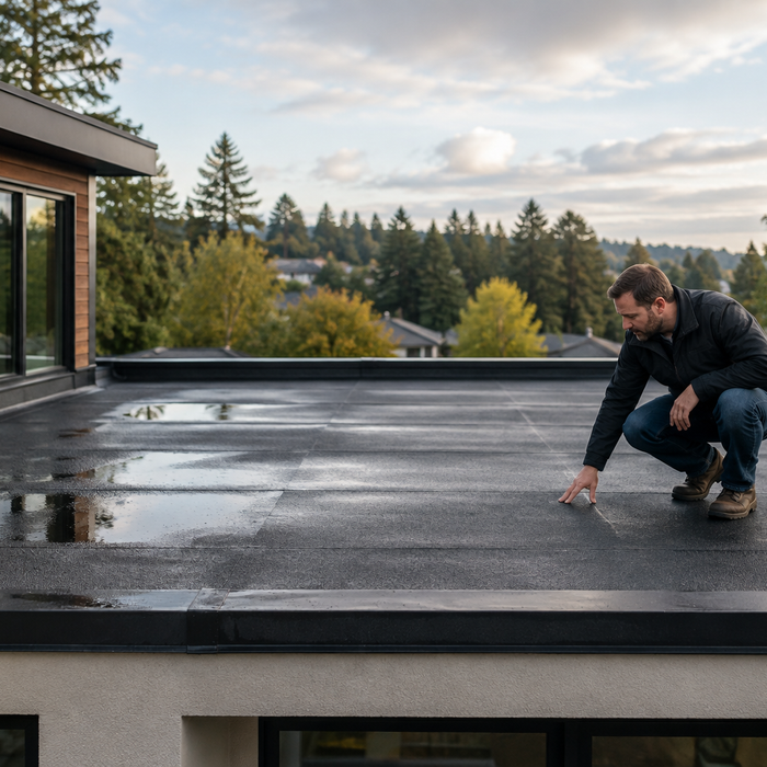 Homeowner inspecting standing water and surface wear on a residential flat roof
