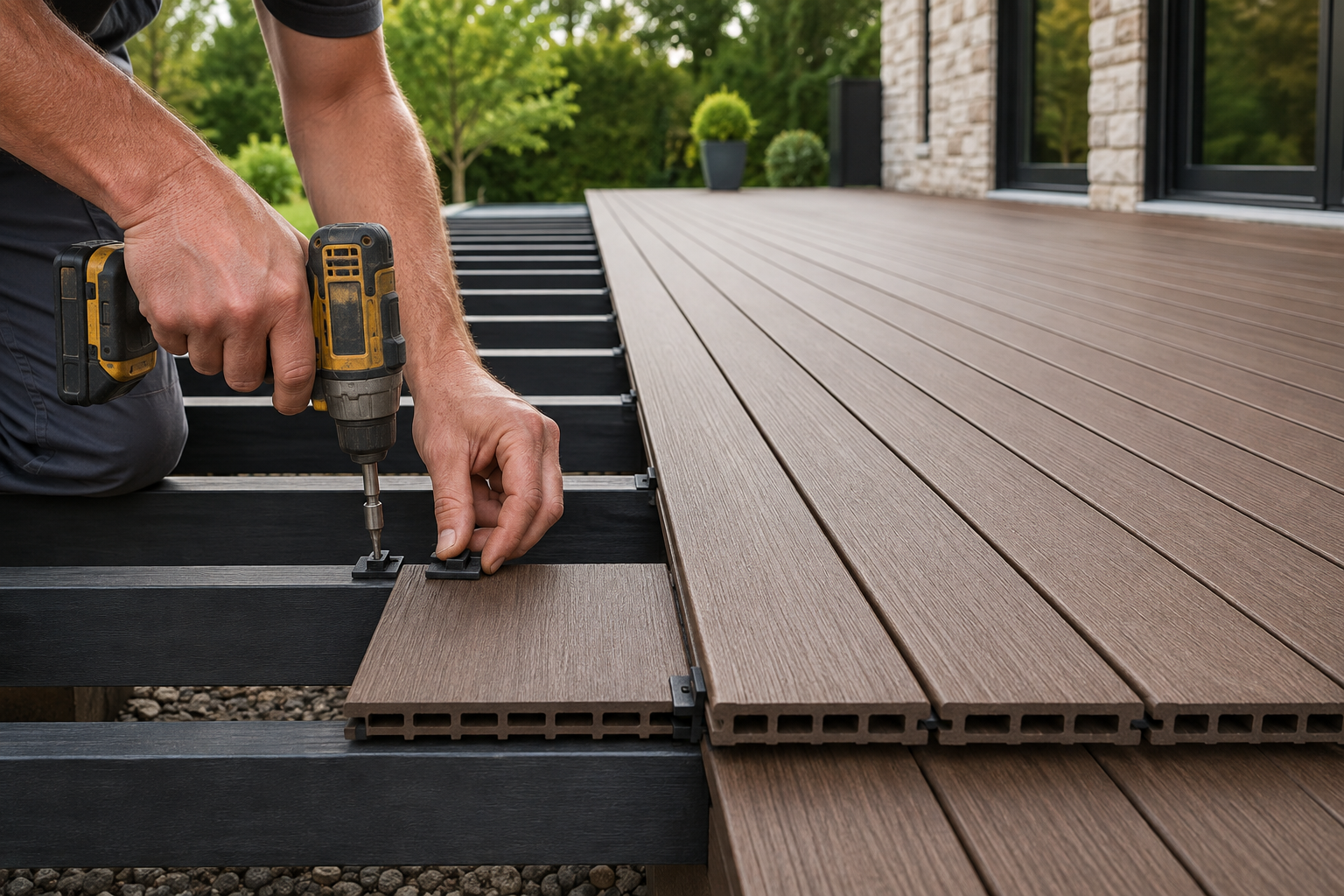 Contractor installing hidden fastener clips between composite deck boards