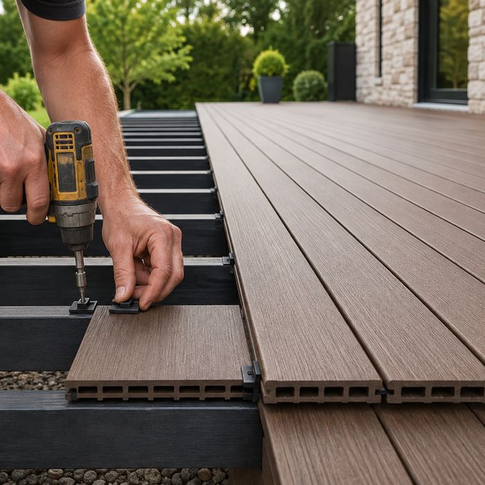 Contractor installing hidden fastener clips between composite deck boards