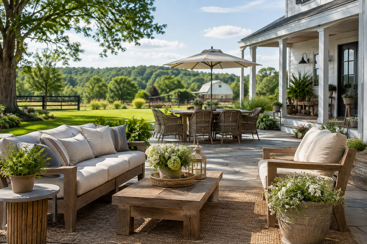 Comfortable outdoor furniture arranged on a landscaped farmhouse patio