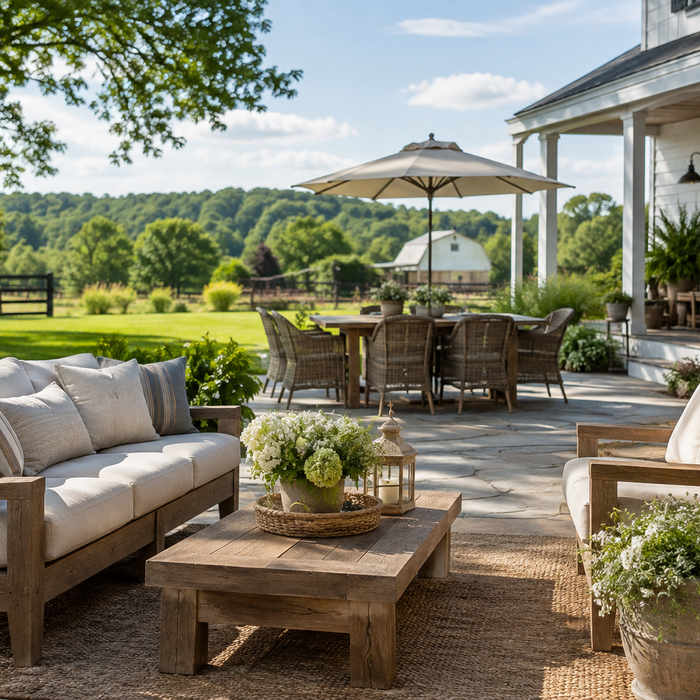 Comfortable outdoor furniture arranged on a landscaped farmhouse patio