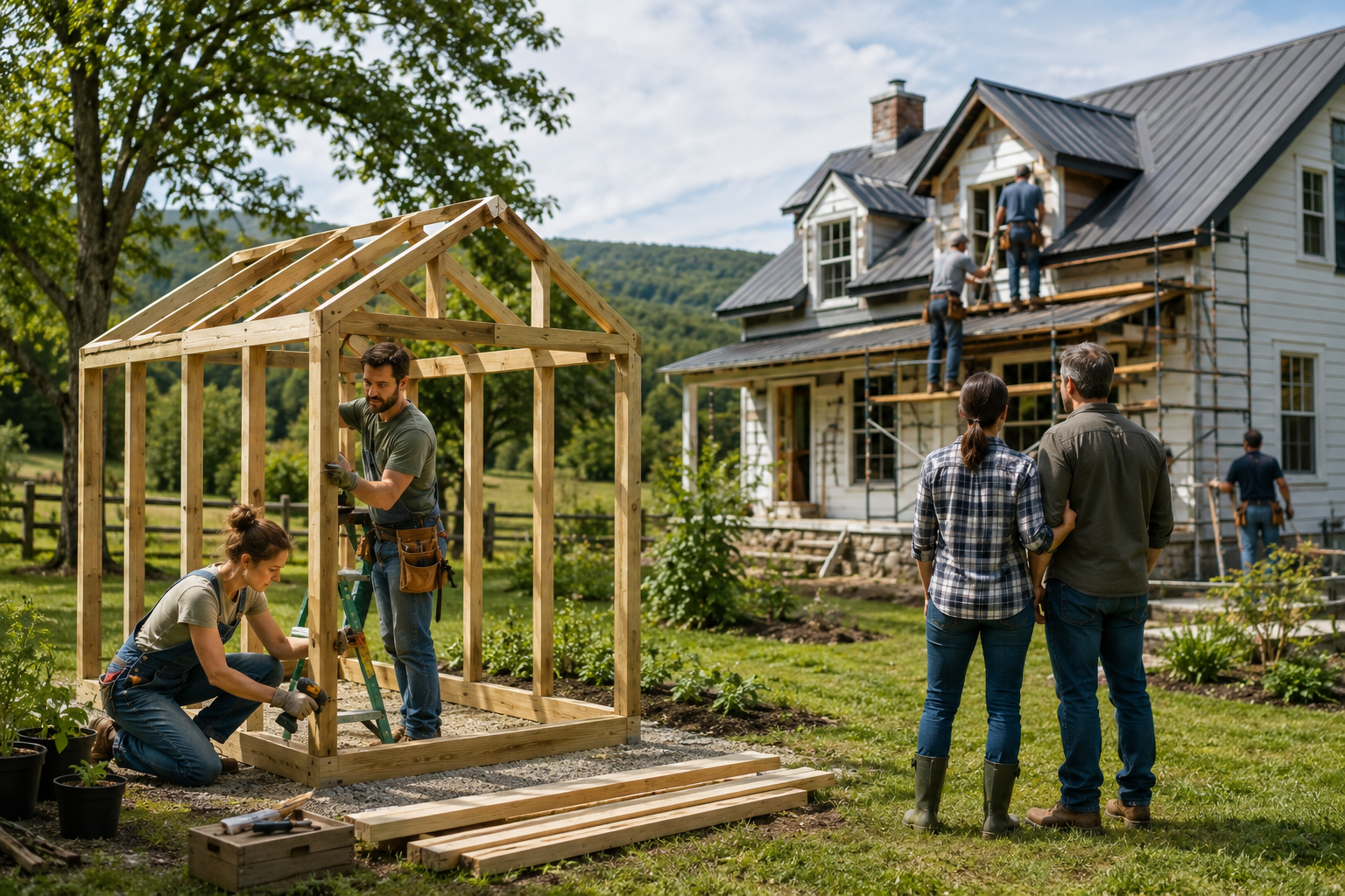 DIY outbuilding project beside a professionally renovated farmhouse on a rural homestead