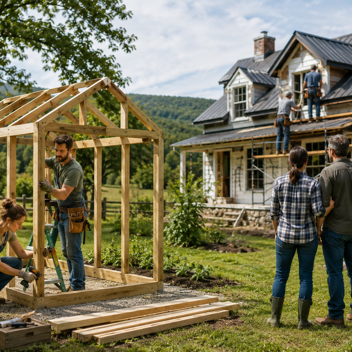 DIY outbuilding project beside a professionally renovated farmhouse on a rural homestead