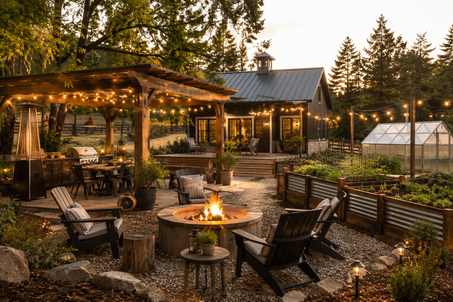 Outdoor homestead living space with fire pit, pergola, raised garden beds, greenhouse, and lighting