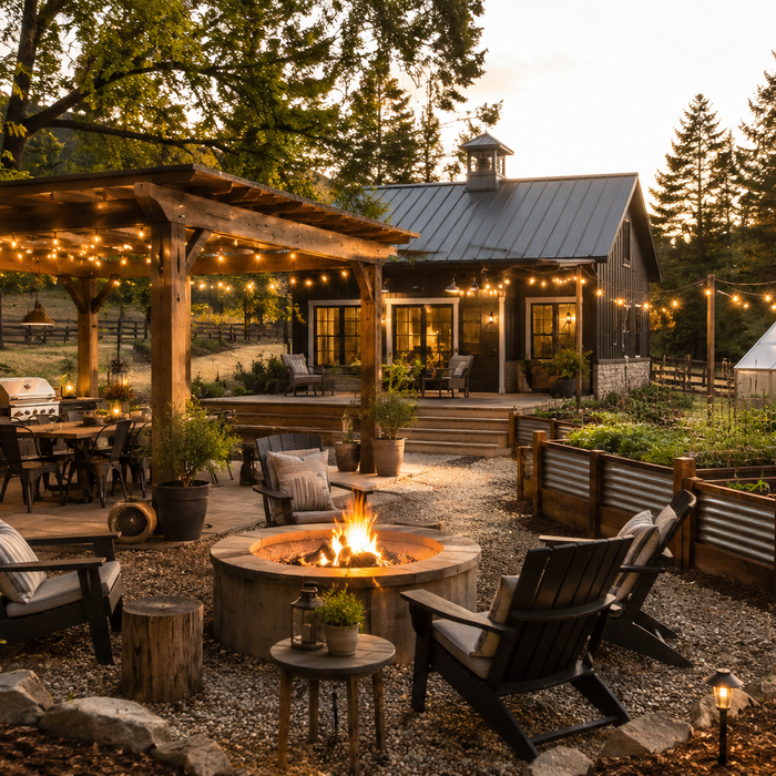 Outdoor homestead living space with fire pit, pergola, raised garden beds, greenhouse, and lighting