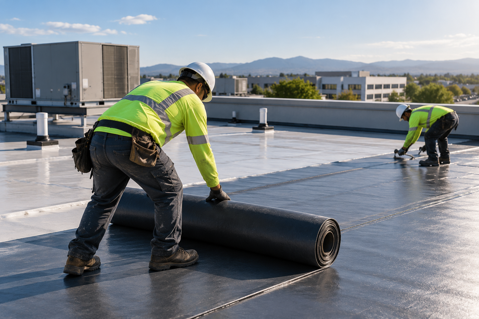 Commercial roofers installing protective membrane on a flat building roof