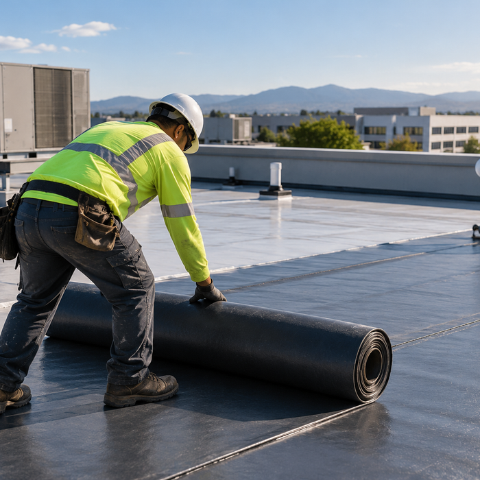 Commercial roofers installing protective membrane on a flat building roof