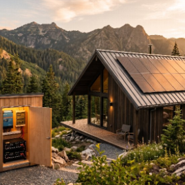 Complete off-grid solar panel array installed on a cabin roof with a view of a hybrid inverter and lithium battery setup