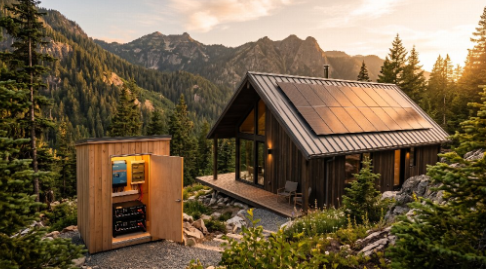 Complete off-grid solar panel array installed on a cabin roof with a view of a hybrid inverter and lithium battery setup
